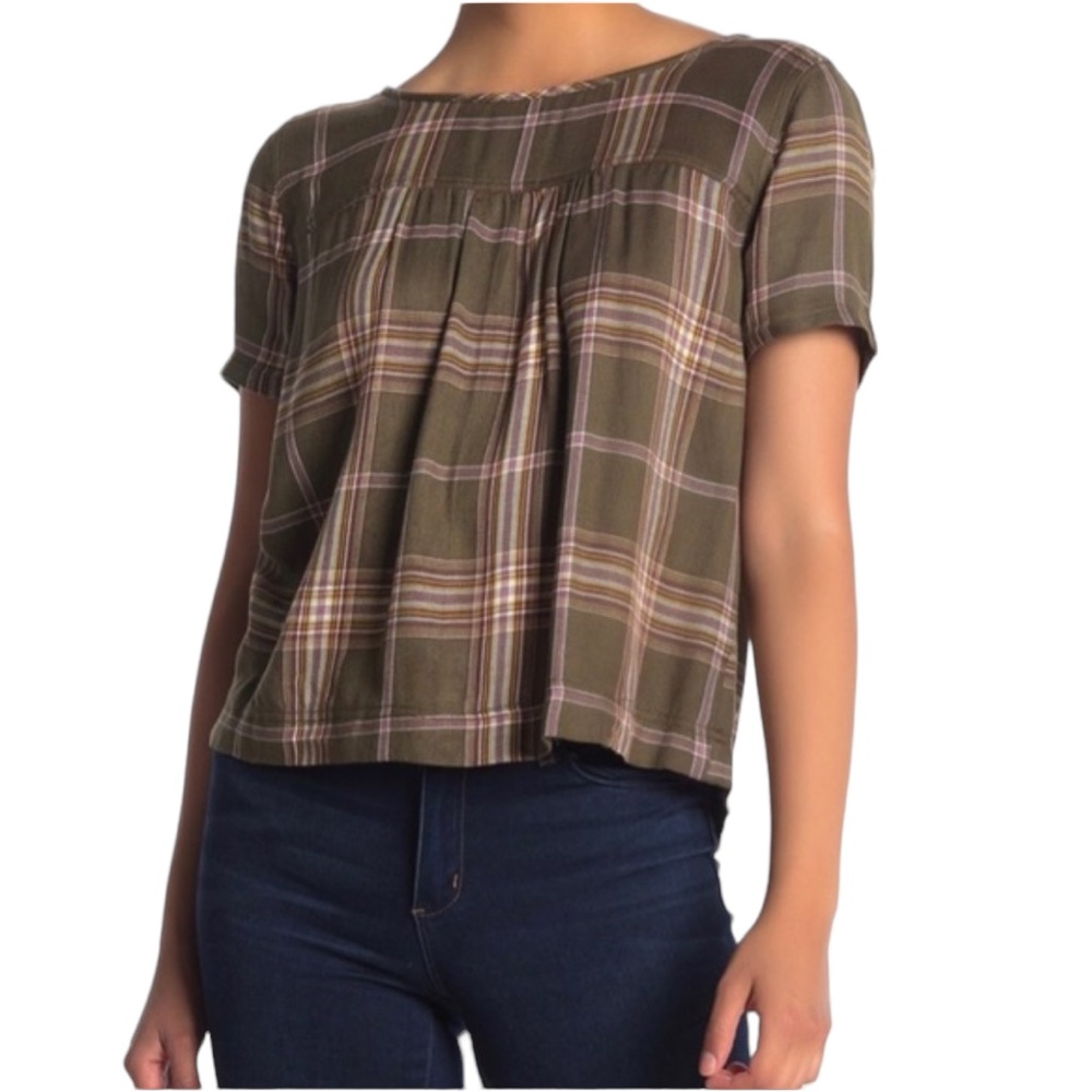 Caslon Button Back Short Sleeve Plaid Top NWT